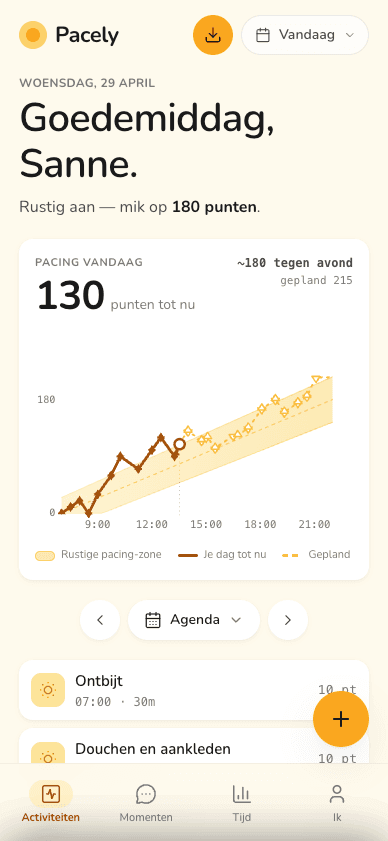 Pacely's vandaag-scherm: een groet, je dagdoel in punten, een rustige pacing-grafiek met de dag tot nu en geplande activiteiten eronder.